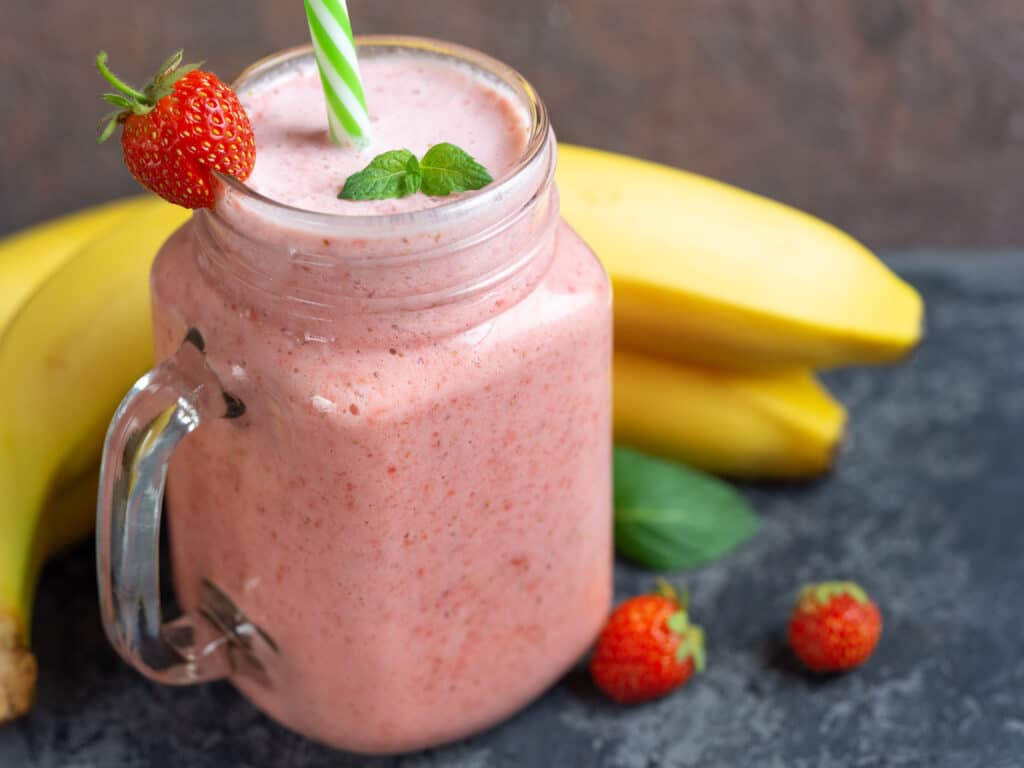 Close-up of strawberry milk smoothie