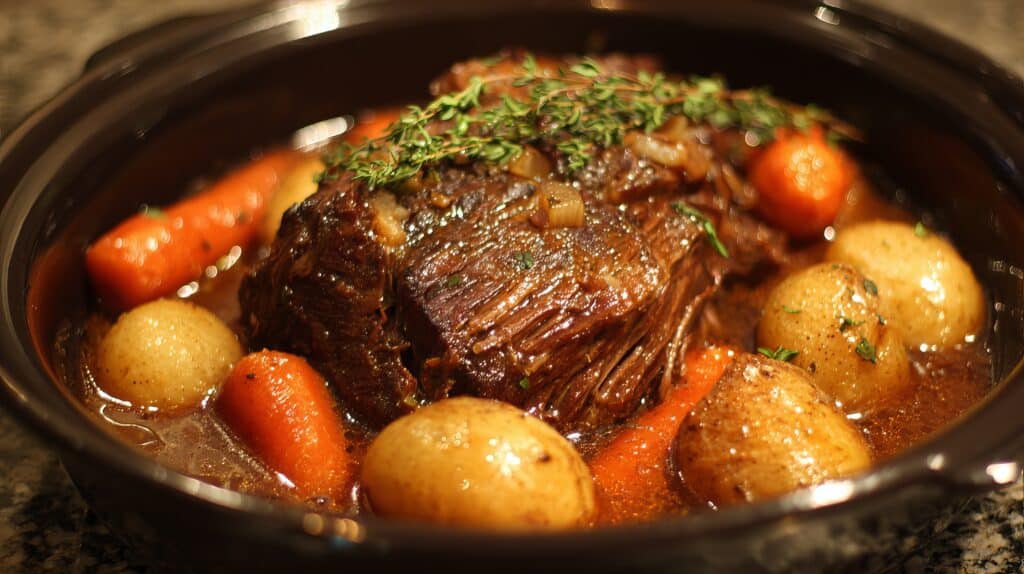 Deliciously tender pot roast with vibrant carrots and potatoes, a comforting home cooked meal perfect for family dinners and cozy nights in